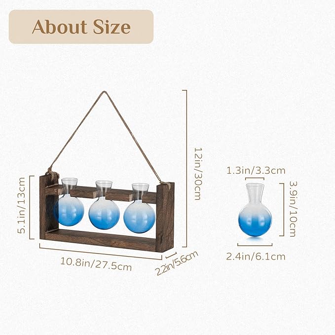 Plant Propagation Station with Wood Stand - Wall Glass Terrarium for Cuttings Air Plants Small Flower Pothos - Gift for Women Plant Lovers (Gradient Blue)