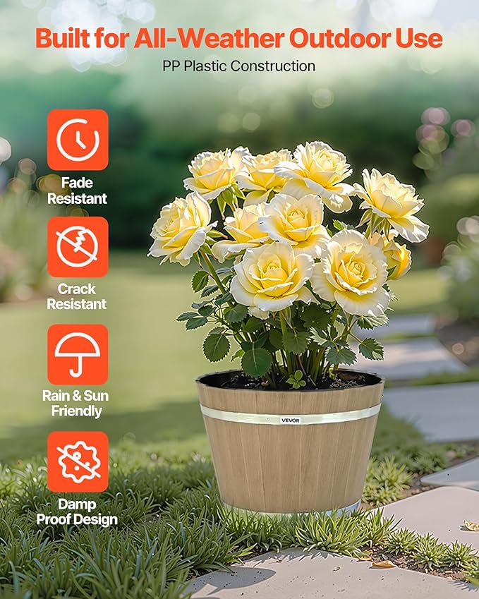 VEVOR Plant Pots, 4 Pack 11.81 inch Whiskey Barrel Planters with Drainage Holes, Large Outside Plastic Decoration Flower Pot Imitation Wine Barrel Design for Indoor Outdoor Garden Home Plants, Brown