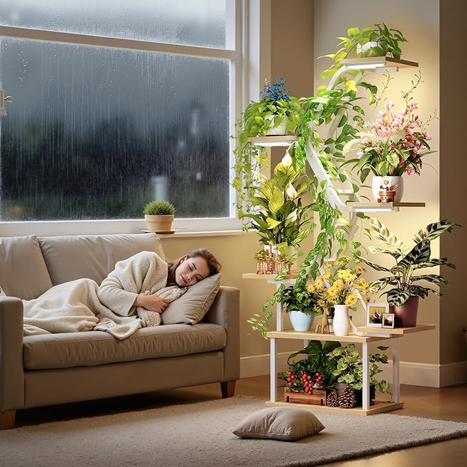 White Plant Shelves with Grow Lights: 7-Tier 65" Tall Modern Plant Stand for Indoor Corners, Living Room Display or Bedroom Gardening Rack
