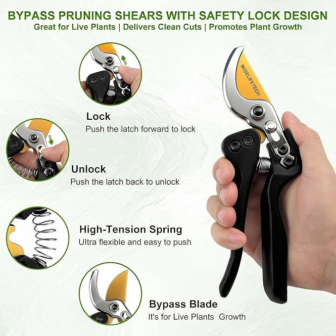 Pruning Shears, Sharp Clean Cut SK5 Steel 8" Garden Clippers with Teflon Blade, Bypass Hand Pruners, Ergonomic Non-Slip Grip for Roses, Shrubs & Plants
