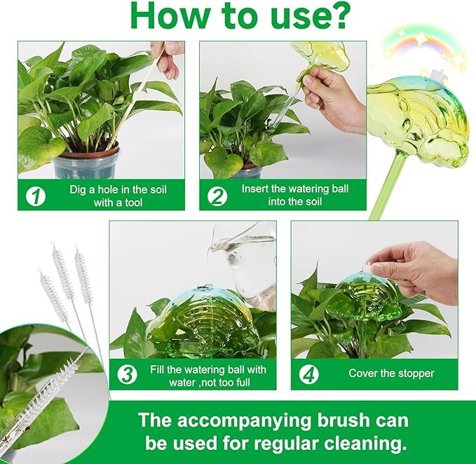 Plant Watering Globes Set of 3 - Large Self Watering Planter Insert for Indoor & Outdoor Plants - Automatic, Glass Watering Bulbs for Daily Use, Plant Watering Devices(Green Rainbow)