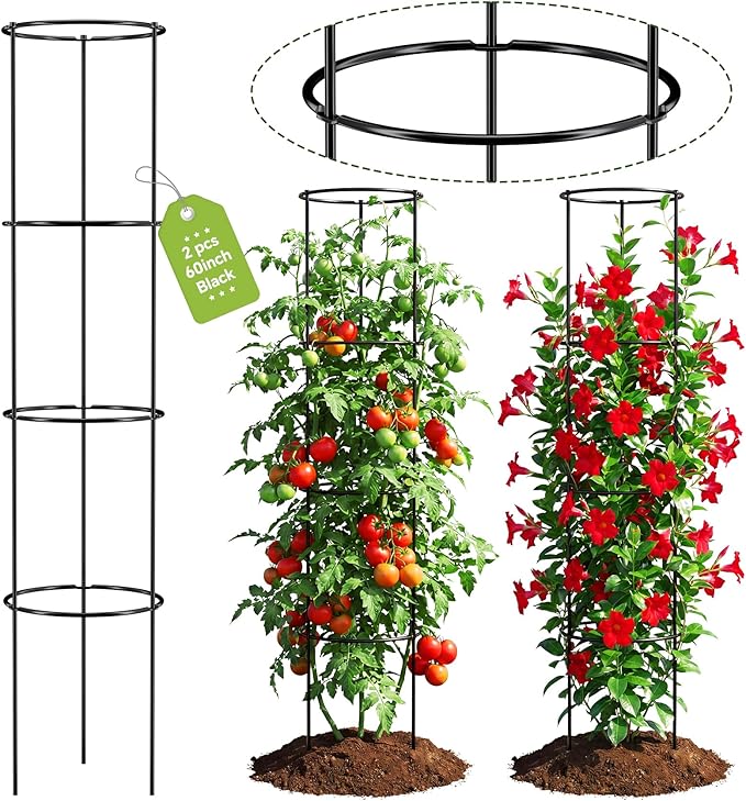 60 Inch Round Tomato Cages for Garden - 2 Pack Heavy Duty Metal Tomato Trellis Plant Support, Adjustable Height & Stackable, Easy Assembly for Outdoor Climbing Plants