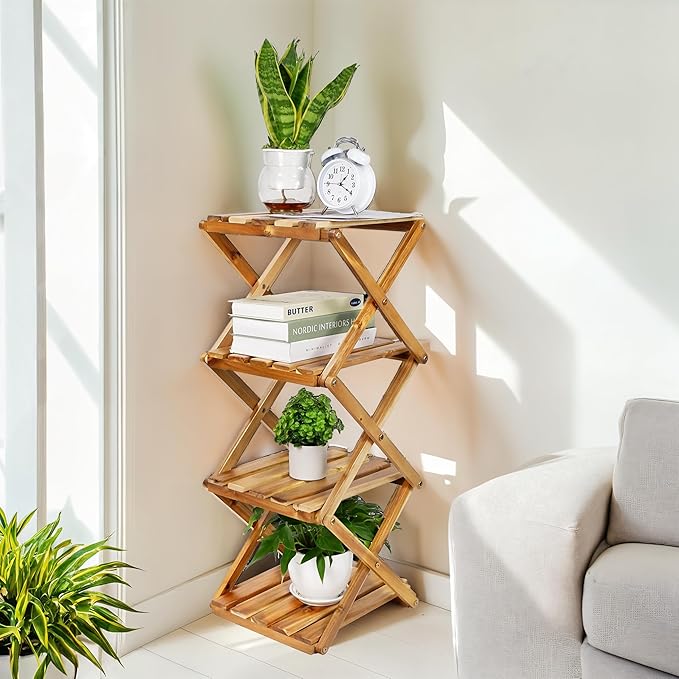 BEEFURNI Acacia Ladder Plant Stand Indoor Corner, Wooden Outdoor Plant Stand 4 Tier, Foldable Multi Tier Plant Stand, Corner Plant Stand Indoor, Tall Plant Rack For Office, Balcony, Patio, 1-year Warranty