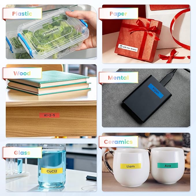 Compatible for Brother P-Touch Label Tape for PTD210 D220 H110 H111 Replace for Brother Label Maker Tape 12mm 0.47 White Laminated & Red/Blue/Green/Yellow/Clear Multi-Color Set for D410 600 610BT,6-PK