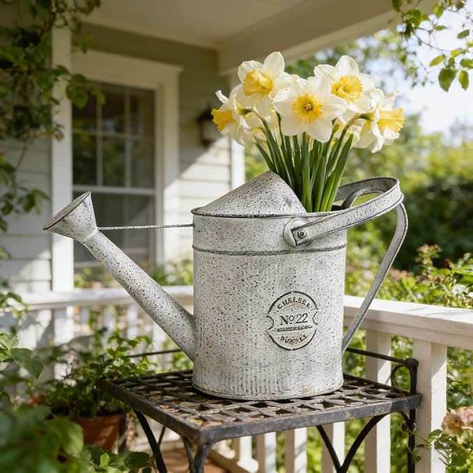 Vintage Galvanized Metal Watering Can - Rustic Farmhouse Design Watering Pot, Garden Decorative Planter for Home Patio Outdoor Wedding Party Decor