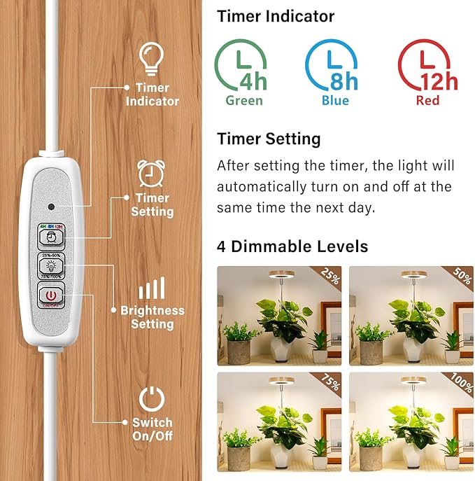 LORDEM Bamboo Base Desktop Grow Light, LED Plant Lamp with Full Spectrum, 4 Adjustable Brightness Levels, 4H/8H/12H Auto Timer for Indoor Plants Growing, Height Adjustable 7.8"-26", 2 Pack