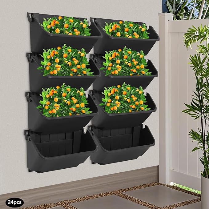 Bacocoo Vertical Garden Planter - 24 Pack, 13 inch Wall Mounted Planter for Patio Outdoor Decor, Home Green Plastic Pot Balcony Plant Vegetable Fruit Herb Hanging Pocket Holder Flowerpot. (Black)