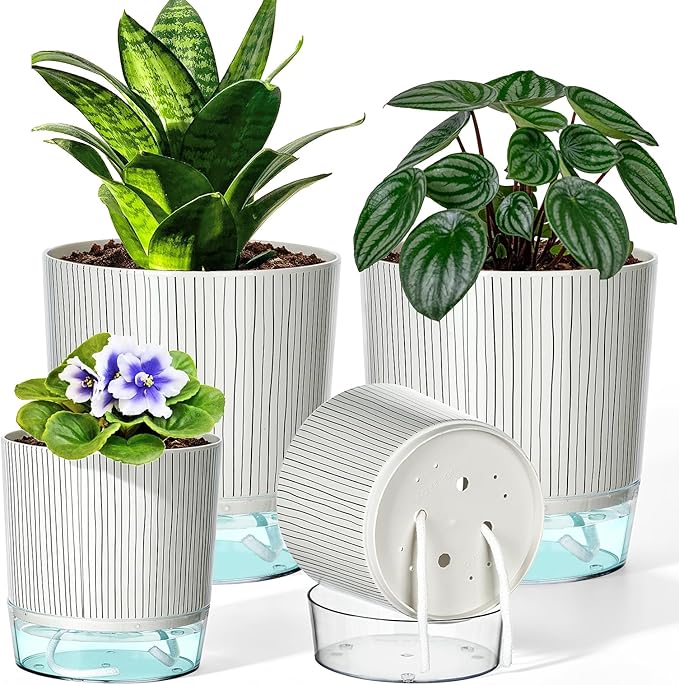 4 Pack Self Watering Pots Set, 4+5.5 Inch Self Watering Pots for Indoor Plants, Planter Pot with Wick Rope and Reservoir for African Violet, Spider Plant, Orchid