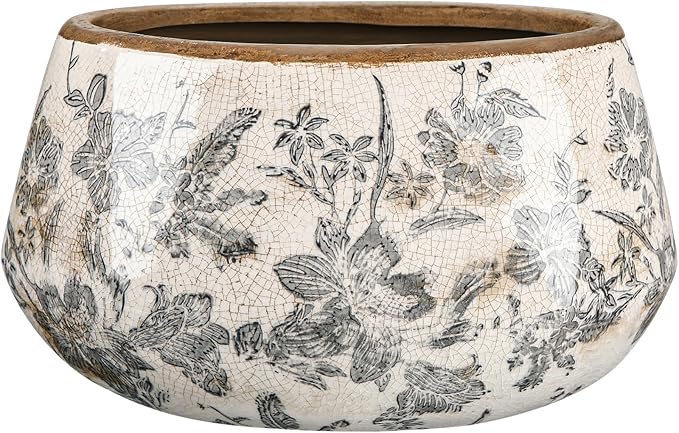 9.8 Inch Large Vintage Ceramic Planter Ice Crack Glaze Gray Floral Flower Pot with Drainage Holes Rustic Country Plant Pots Decorative Gifts for Home Kitchen Office Indoor Outdoor Plants
