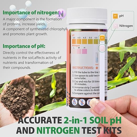 Upgrade pH and Nitrogen Soil pH Tester with Measuring Cylinder - Accurate 100 Soil Testing Kit Professional Soil pH Test Strips for Garden Lawn Yard Grass Flower Vegetable Compost Dirt