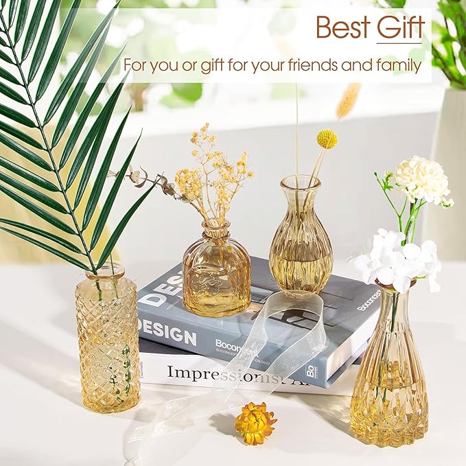 TBWIND Gold Amber Glass Bud Vases Set of 12, Small Vases for Flowers, Champagne Mini Vintage Vases for Centerpieces,Bud Vase in Bulk for Wedding Decor,Single Flowers,Office and Home Table Flower Décor