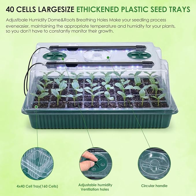 Biupky 2 Set 40-Cell Seed Starter Trays with 1 Set of Grow Light and 25 x 50 cm Seedling Heat Mat, 3.6" Higher Cover, Adjustable Vents, Drainage Holes, Green Propagation Tray for Planting Seeds