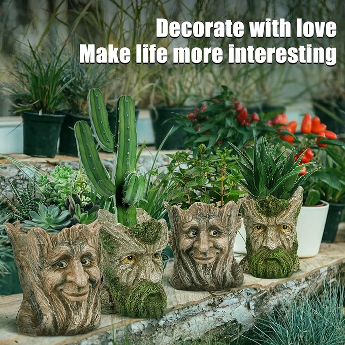 vomiceak Face Planter - Unique Old Man Tree Face Planters for Outdoor Indoor Plants with Drainage Hole, Funny Plant Pots for Succulents - Creative Flower Pots as Gifts for Women and Men (Green Man)