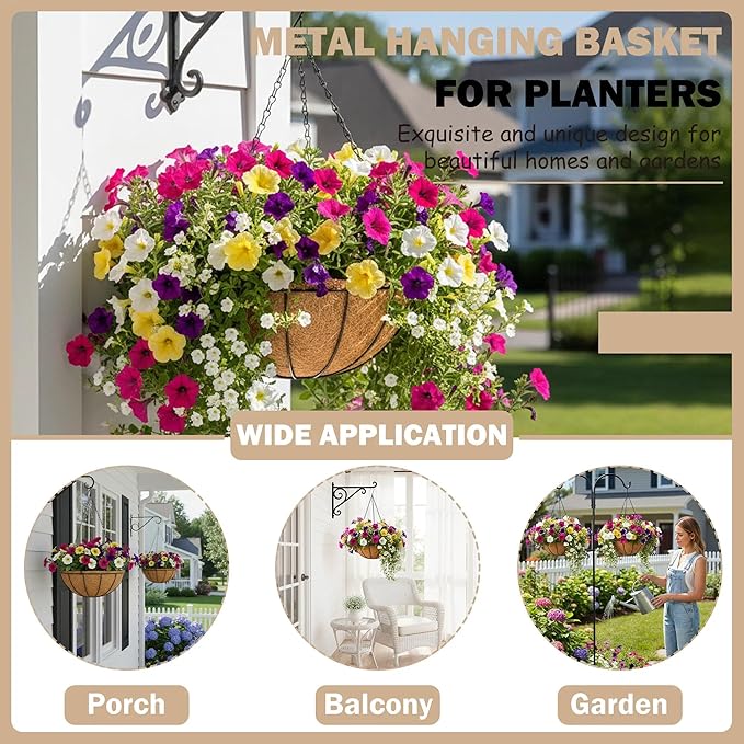 2 Pack 12 inch Hanging Baskets Planter for Plants Vegetables Flowers Outdoor Black Round Wire Plant Holder with Coco Fiber Liners Garden Balcony Patio Deck Porch Indoor Hanging Baskets