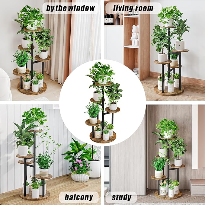 INGIORDAR Plant Stand Indoor Outdoor Corner Plant Shelf for Multiple Flower Pots Flower Stand Holder for Patio Garden Balcony Living Room (Black+Rustic Brown, 5 Tier)