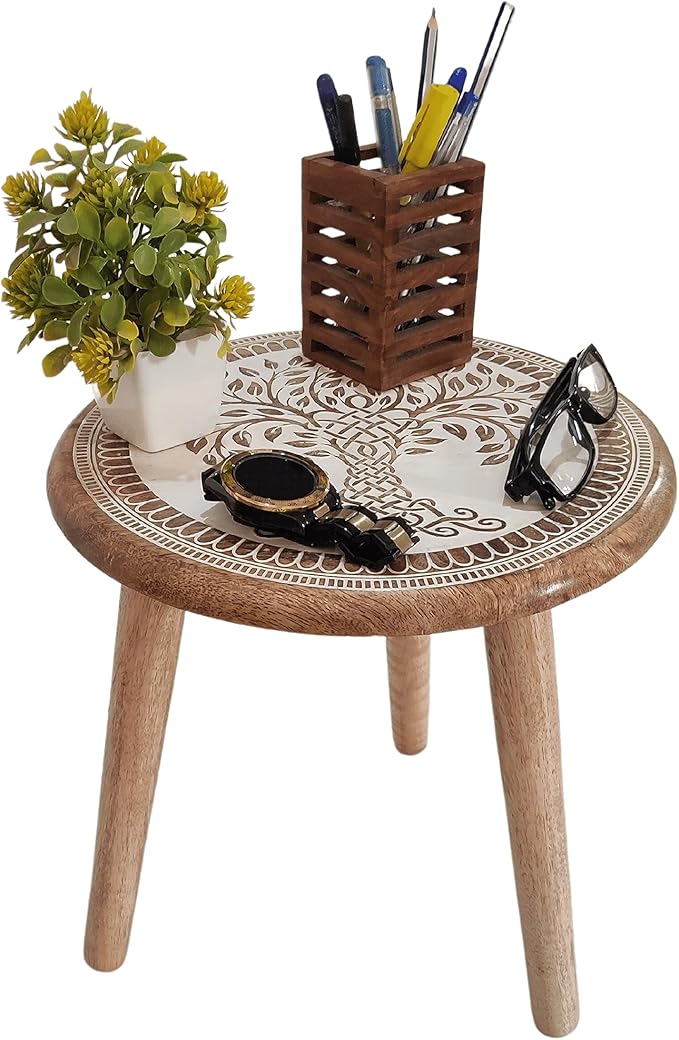 VANIYA CRAFTS® Wooden Engraved Fold-able Side Table/End Table/Plant Stand/Stool for Living Room Bedroom Restaurant Kids Play Furniture Table Round Shape (Natural White 3)