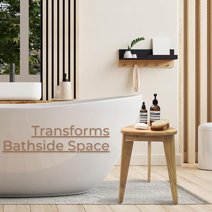 Teak Shower Stool, 17'' Shower Foot Rest for Shaving Legs, Waterproof Teak Shower Seat, Corner Shower Bench, Wooden Step Bench, Organizer Stool, Plant Stand for Living Room Bathroom