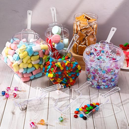 Hestya 4 Pcs Multi Purpose Clear Plastic Scoops for Candy Buffet Acrylic Kitchen Ice Food Popcorn Scoops for Protein Powders, Ice Cream, Coffee, Tea Jar (6.69 Inch)