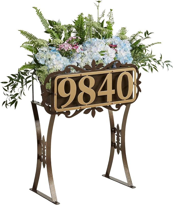 Floret Personalized Metal Planter Stand | Indoor, Porch, Patio, or Outdoor Use | Custom Family Last Name or House Address Numbers | Gold and Bronze Durable Finish | Raised Planter Stand