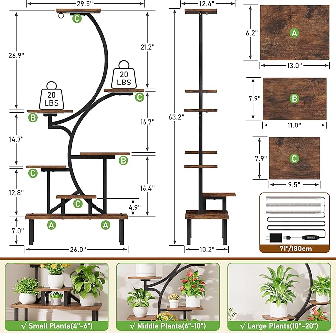 Plant Stand Indoor with Grow Lights - 7-Tier Indoor Plant Shelf with Elevated Base & Hanging Hook, 63" Corner Plants Stands for Multiple Plant Sizes, Multi-Tiered Lighted Rack for Living Room, Black