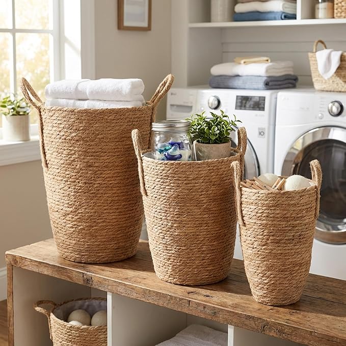 Woven Basket for Plant, 3PCS Rattan Planter, 3 Sizes Seagrass Woven Plant Basket with Waterproof Liner, Baskets Indoor with Handle for Balcony Home Decoration