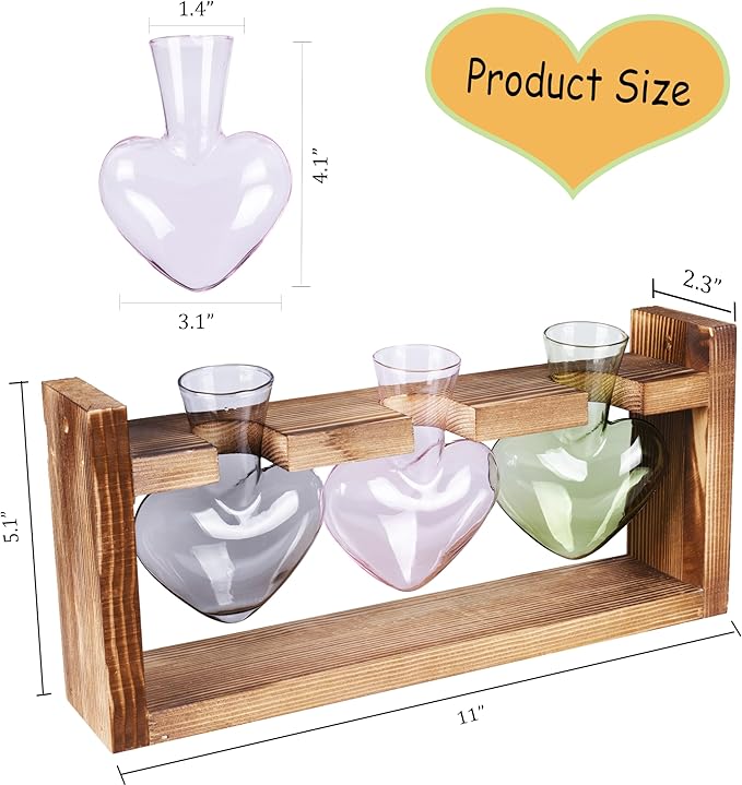 Kingbuy 3-Heart Plant Terrarium Kit - Stained Glass Vase Propagation Station with Vintage Wood Stand - Wall-Mounted & Tabletop Indoor Garden Decor for Home Kitchen Wedding (Grey, Green, Pink)