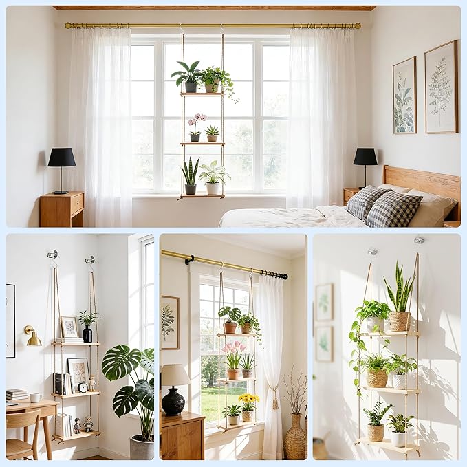 3 Tier Window Plant Shelves, Hanging Wood Floating Shelves for Living Room Bedroom Small Windows, Space-Saving Window Sill Shelf Indoor for Succulents, Herbs