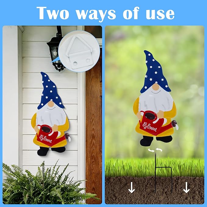 Metal Yard Signs Decor for Rust Prevention, Yard Stakes with Gnomes for Outside Garden Yard Lawn Porch Holiday Party(Blue)