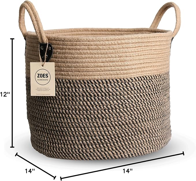 ZOES HOMEWARE 14"x12" Natural Jute Rope Woven Storage Basket with Handles for Plant, Blankets,Toys,Clothes,Shoes - Living Room Home Decor,Multifunctional Basket for Organizer,Picnic,Artificial Tree