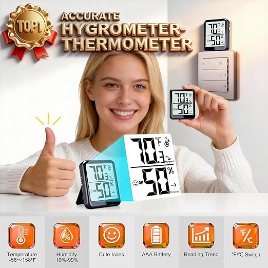 Room Thermometer Indoor Hygrometer Humidity Meter Gauge Digital Temperature and Humidity Sensor Monitor for Home Office House Pets Plants - AAA Battery Included
