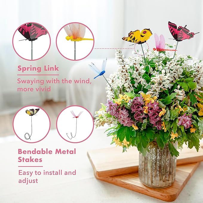 25 Pcs Dragonfly Garden Stakes, 3D Plastic Dragonfly Ornaments, Waterproof Outdoor Decor with 5 Colors for Yard, Patio & Indoor Plants