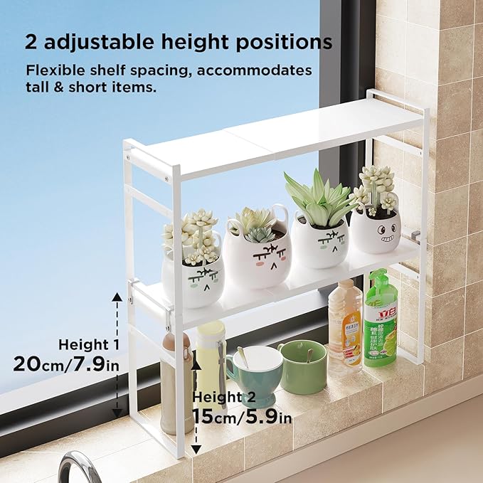 2 Tier Expandable Stackable Narrow Shelf Organizer, Tall Countertop Organizer for Tight Spaces, Windowsill Plant Stand, Over-Sink/Faucet Shelf, Kitchen Storage, Bathroom Vanity, Laundry Room (White)