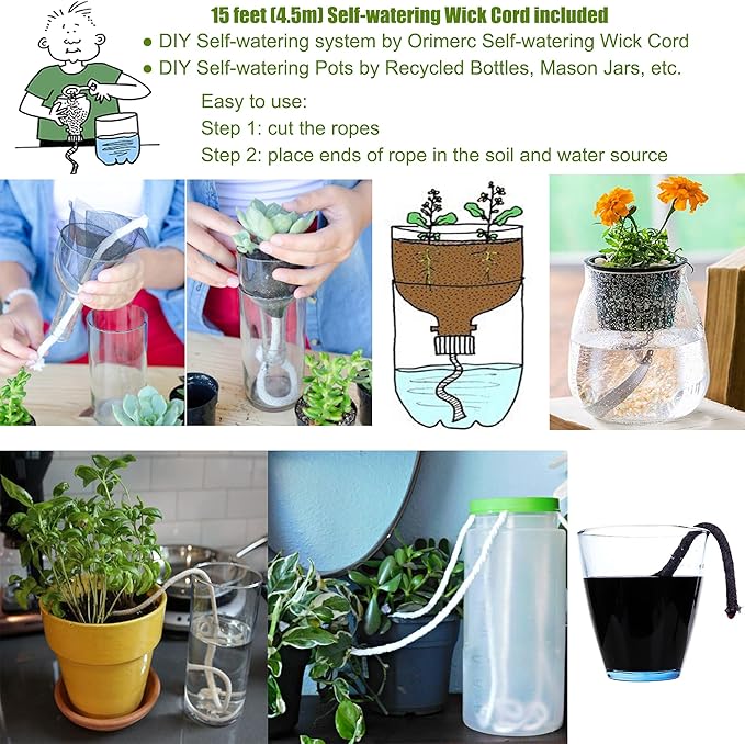 ORIMERC 2 Pack 500mL Watering Bottle with 15 feet Self Watering Wick Cord for Indoor Plants Succulent Cactus Plastic Squeeze Water Can Long Nozzle Waterer Bonsai Terrarium Orchids Seedling Lab Wash