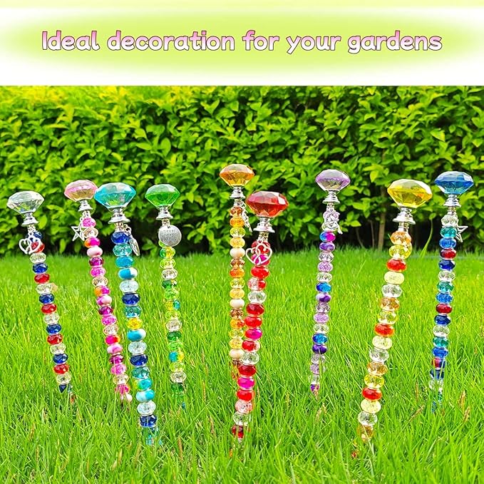 72Pcs Beaded Garden Stakes Kit - DIY Fairy Wand Garden Stake Beads Kit, Fairy Garden Accessories Outdoor for Different Festivals, Garden Stake Decorative Diamond-(Red+Green+Yellow)