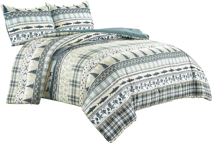 Chezmoi Collection Meadow 3-Piece Cabin Lodge Comforter Set - Multicolor Pine Tree Fish Deer Explorer Mountain Printed Microfiber Bedding, King