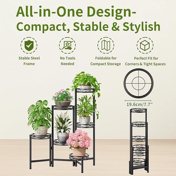 Plant Stand Outdoor Metal 6 Tier for Multiple Plants Corner Balcony Living Room Tall Indoor Plant Shelf Black Circle