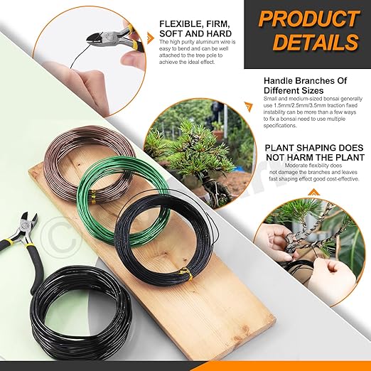 5Pcs 3 Colors Bonsai Training Wire with Wire Cutter Kit, Anodized Aluminum Bonsai Wire Tools for Holding Bonsai Plant Branches Small Trunks - 164 Feet 1.0MM 1.5MM 2.0MM 3.0MM