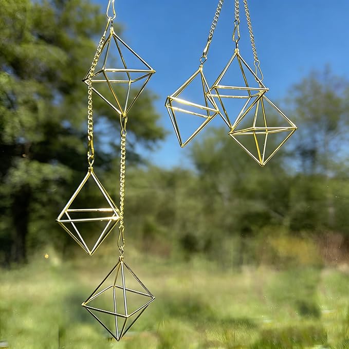 Gold Air Plant Holders with Chains, Set of 6 Geometric Hanging Planters with Removable Links for Wall Decor, Indoor Home Ceiling Display for Tillandsia, Ferns