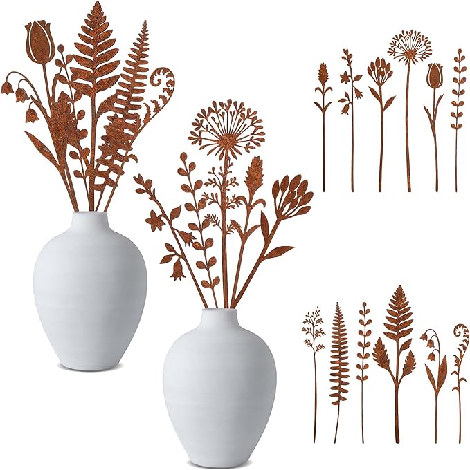 12 Pcs Rusty Metal Flowers and Plants, Rustic Metal Fern Leaf Garden Stakes, Rusty Plant Shaped Decoration for Flower Arrangement Potted Plants Outdoor Lawn Yard Courtyard Art