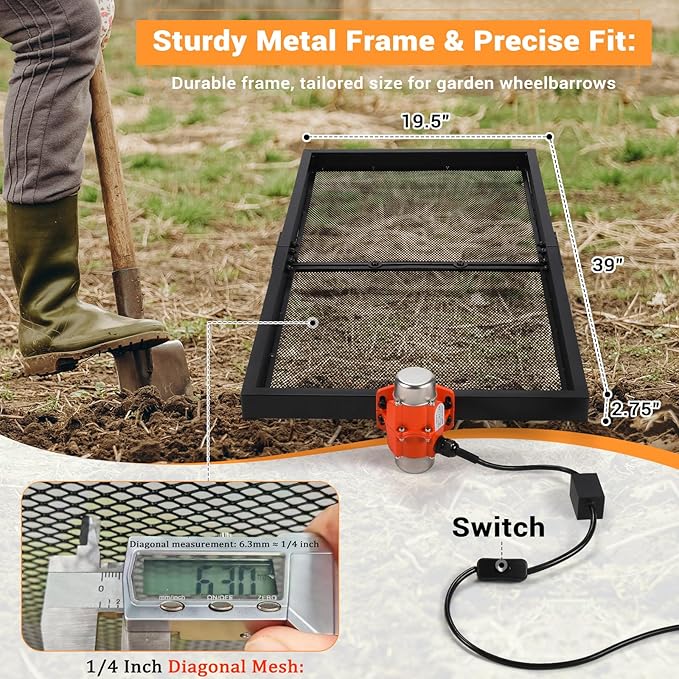 Soil Sifter with 30W Motor, Metal Sifter for Rocks with Switch & Noise-Reducing Rubber Pads, Automatic 39" x 19.5" Large Compost Screen Sieve for Sand-Idea for Most Wheelbarrow Carts (Not Included)