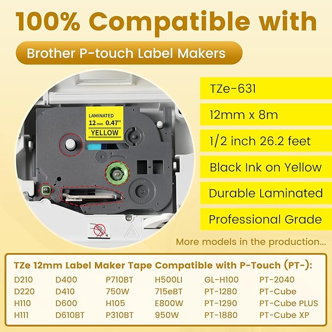 Tze Tz Tape 12mm 0.47 Laminated Yellow Replace for Brother Label Maker Tape Yellow 12mm Compatible with Brother P-Touch Label Tape 1/2 Inch for PTD210 D220 H110 H111 D410 610BT Cube 1280 1880, 6-Pack
