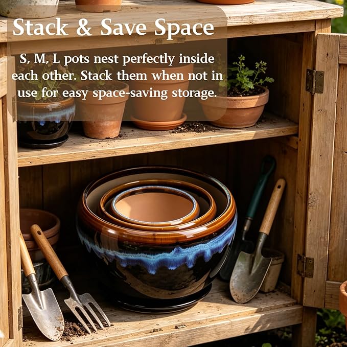 AVLA 3 Pack Ceramic Flower Pots, Gardening Drip Glazed Planter, Plant Pot with Drainage Hole and Saucer, 7/5/4 Inch Rustic Houseplant Container for Succulent Herbs Cactus Orchid, Home Indoor Outdoor