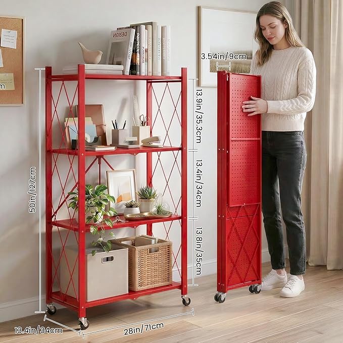 DEANIC 4 Tier Foldable Storage Shelves with Wheels, Large Capacity Shelving Unit, Freestanding Metal Wire Shelf Rack, No Assembly Organizer Rack for Garage Kitchen, Basement, Pantry(Red Pack of 2)