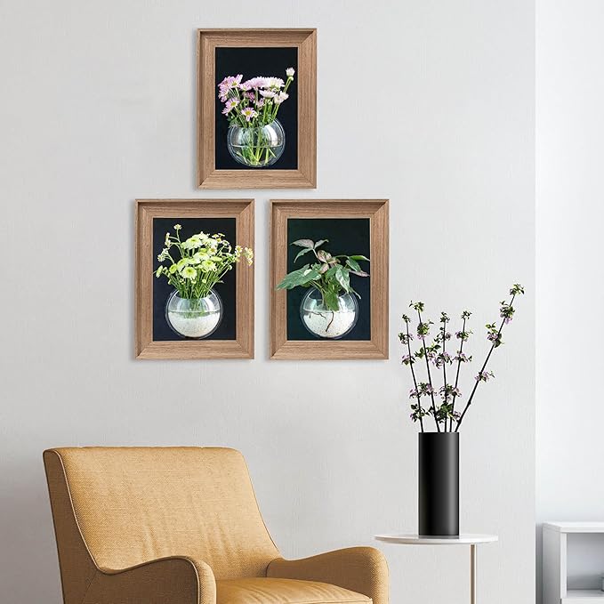 Walnut Wood Frame Wall Planter for Hydroponic Plants, 12" x 16" Wall Vase with Oblate Acrylic Propagation Station, Set of 3, Decorative Wall Hanging for Bathroom, Office & Living Room