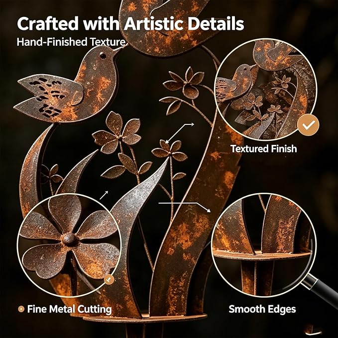 Bird & Wildflower Metal Garden Stake, Decorative Plant Stakes with Floral Design Handmade Flower Shaped Sculpture, Rustic Garden Art Decor Gift for for Flower Bed Planters Patio & Lawn Lovers(2PCS)