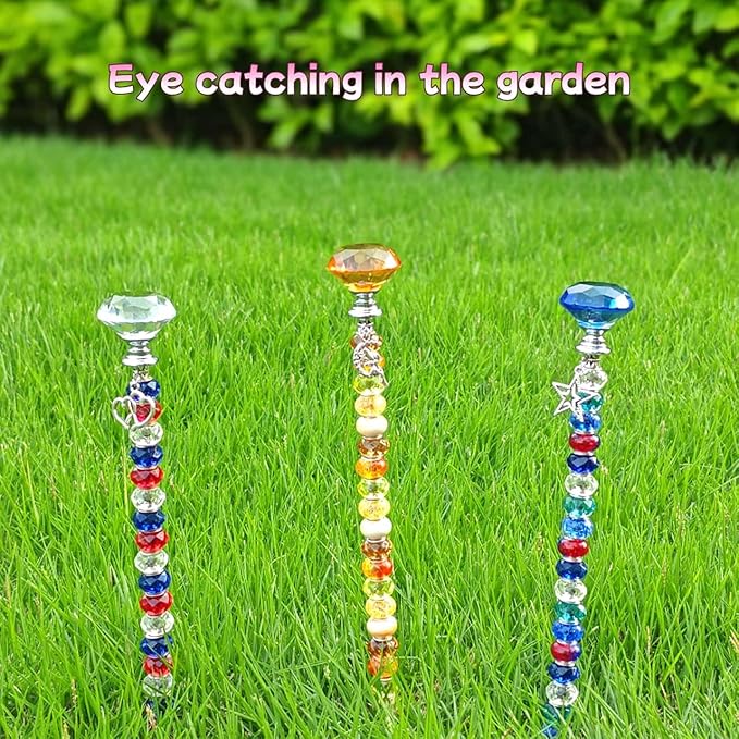 72Pcs DIY Garden Stakes Decorative Beadable Items for Different Festivals Fairy Wand Beaded Garden Stakes Kit Fairy Garden Accessories Outdoor, Diamond-(Orange+Blue+Whit)