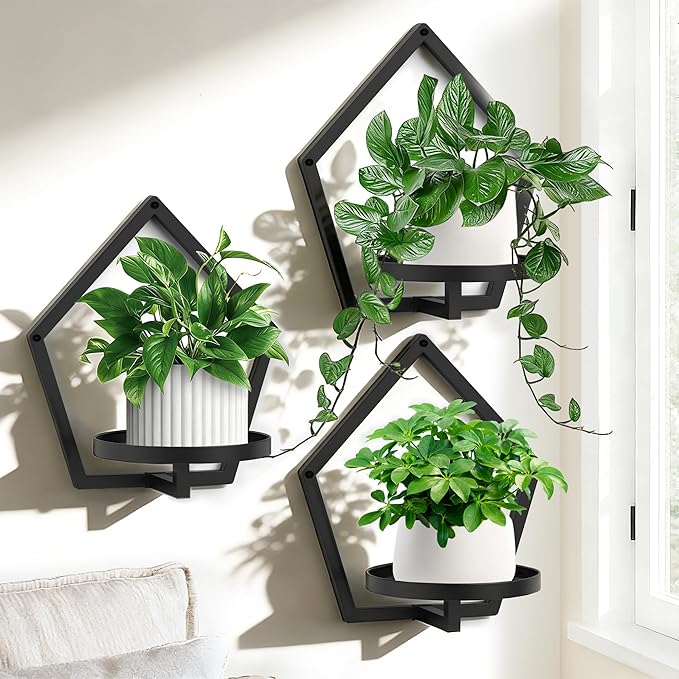 3 Packs Wall Hanging Planters for Indoor Plants, 7.9inch Metal Wall Plant Holder Hanger Wall Decor, Wall-Mounted Hanging Planters Window Plant Shelves Outdoor(Black)