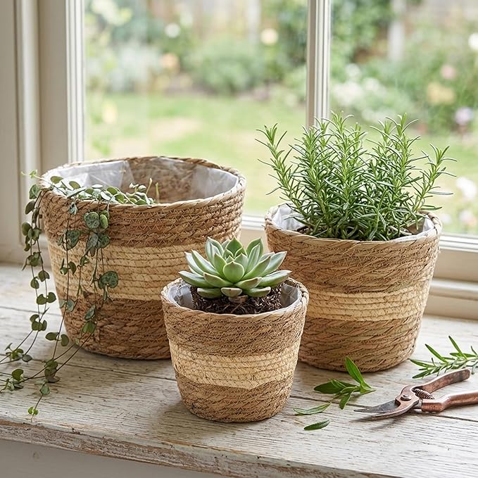 3PCS Woven Planter, Rustic Seagrass Baskets with Liners for Indoor Plants, Natural Rattan Plant Basket for Home Decor (3 Size), Set 2, Decoración del jardín
