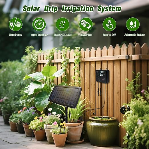 Solar Automatic Drip Irrigation Kit System, 12 Timer Settings Garden Irrigation System, Self Watering Devices for Plants, Raised Beds, Greenhouse, Travel, IP44 Waterproof (15 Pots)