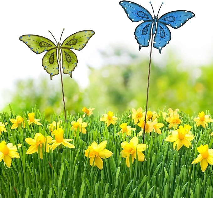 Garden Decor Metal Yard Stakes Spring Lawn Art Decorative Plant Stake Indoor Outdoor Ornaments Decoration for Patio Pathway Backyard (Blue + Green Butterfly)